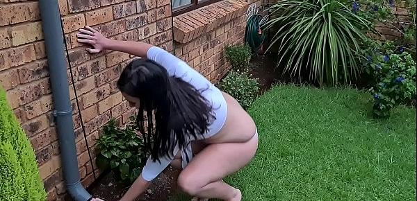  Chubby slut pissing in garden with thunderstorm with wet shirt